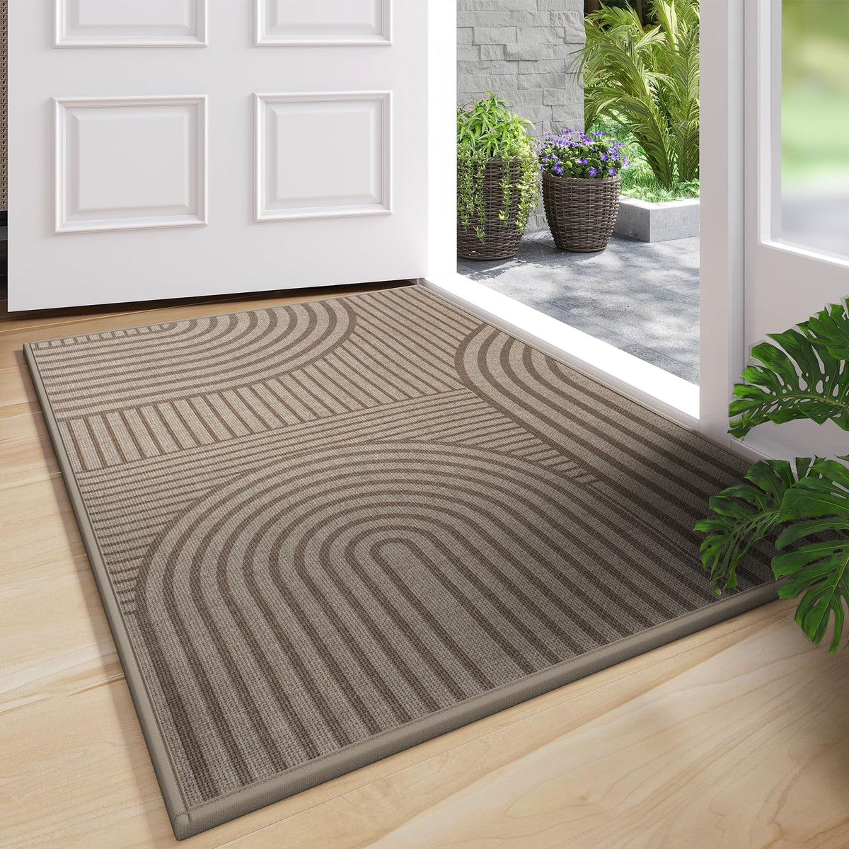 QiCaiJia front door mat 24x35 at entryway showing size and dirt-trapping design for clean thresholds