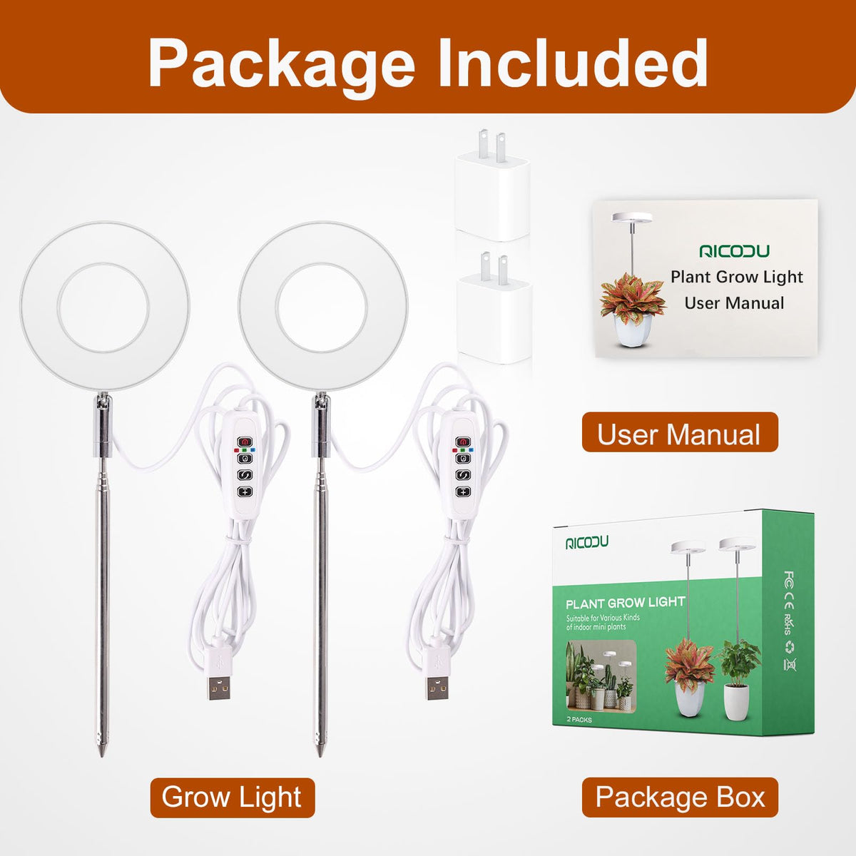 Qicodu two-pack grow lights cover multiple plants on a desk.