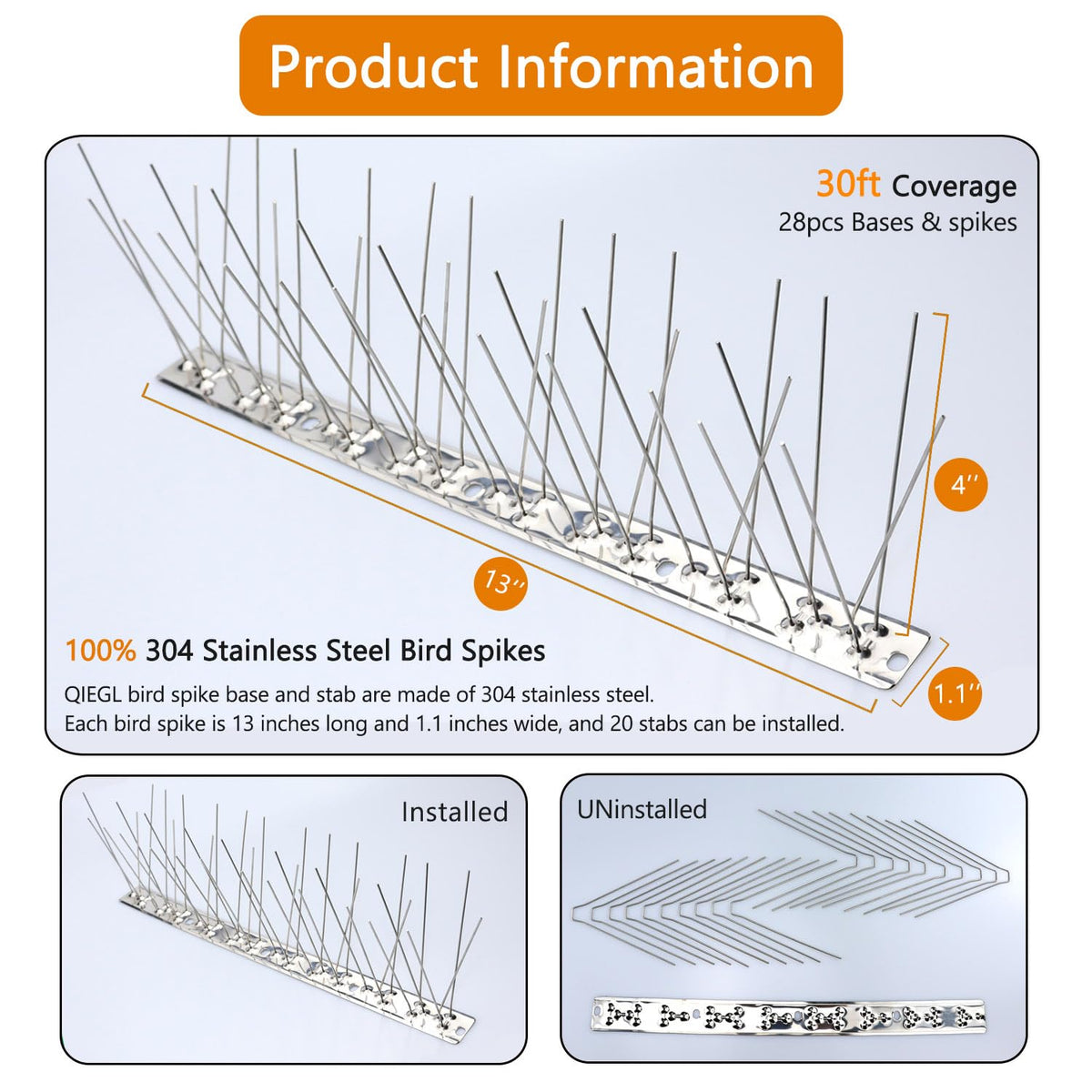 QIEGL 30ft coverage with 28-pack deters multiple birds along fences