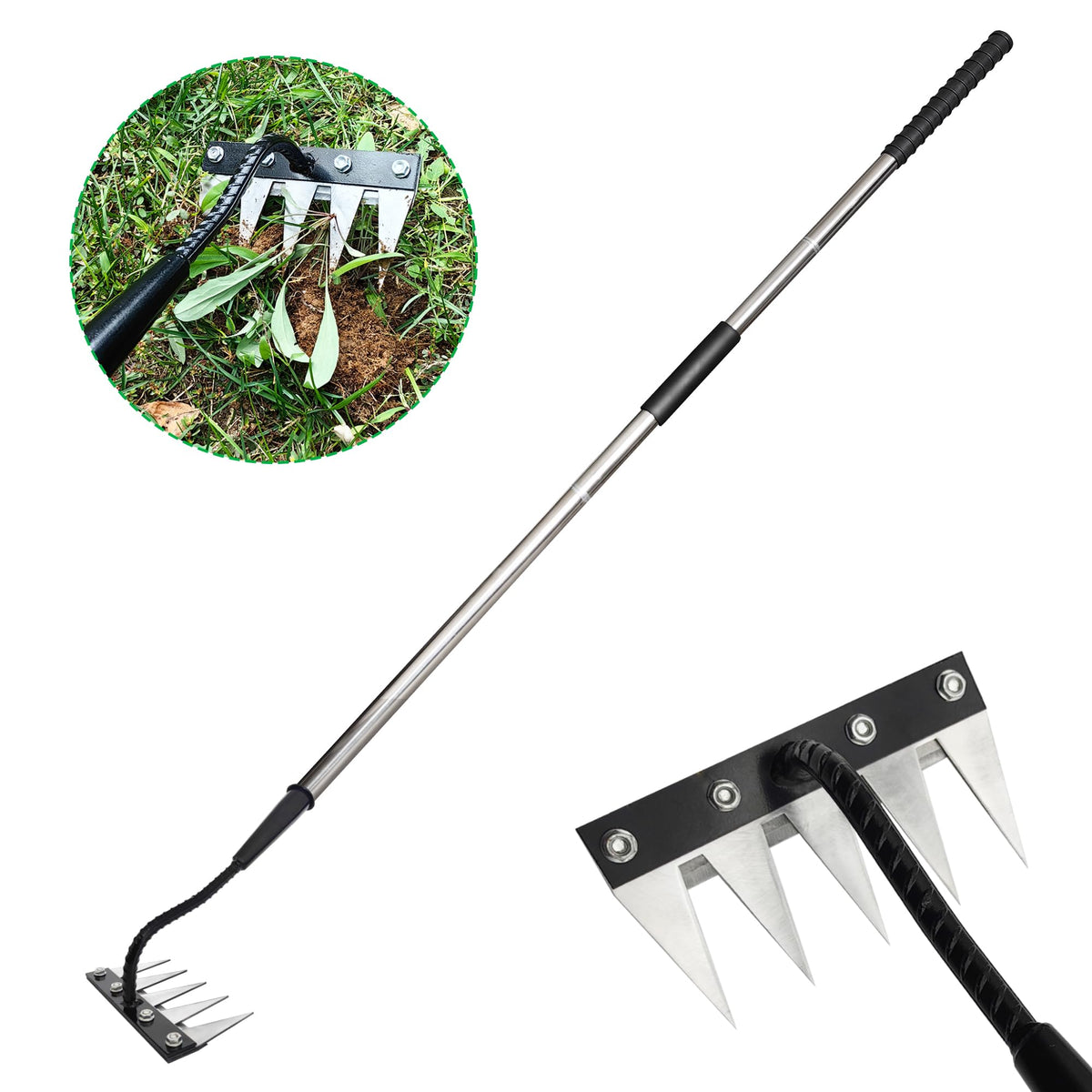 Qikstren Gardenia 2.0 forged iron rake head close-up showing thickened tines for weeds
