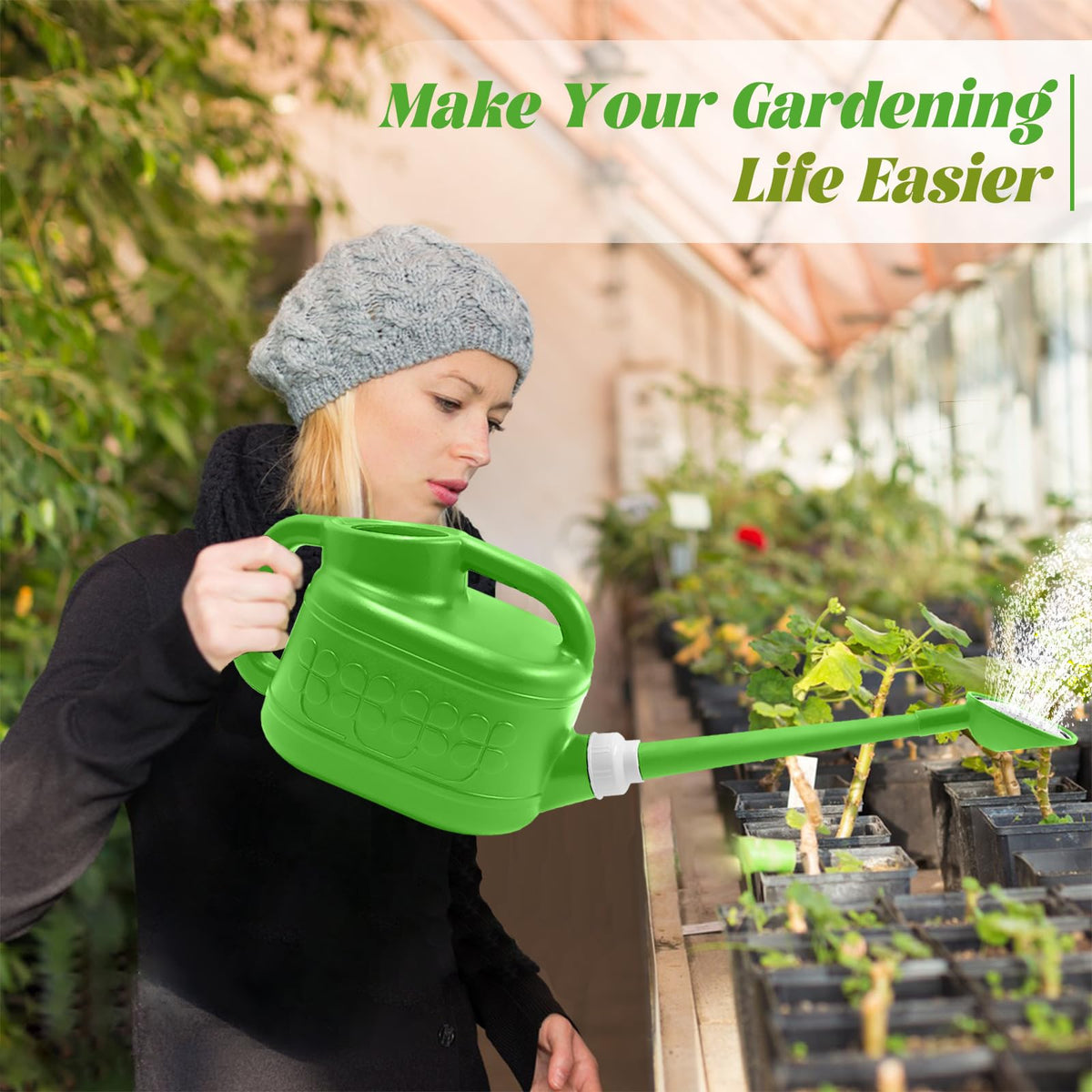 Qilebi watering can with detachable long spout for easy reach in dense planters.