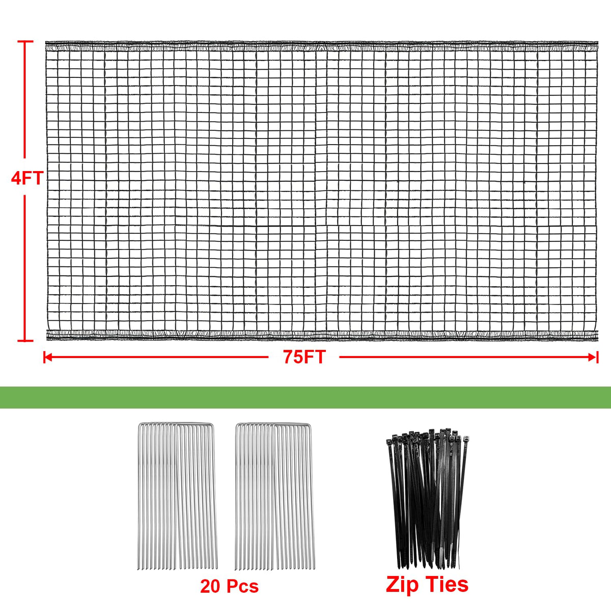 Qinheesiu Deer Netting kit-pack includes stakes and zip ties for quick install.