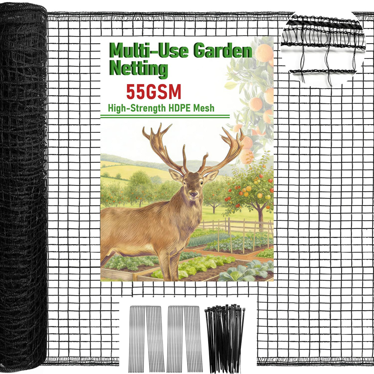 Qinheesiu Deer Netting roll 4x75ft covers crops with strong 55GSM HDPE mesh for deer deterrence.