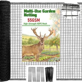 Qinheesiu Deer Netting roll 4x75ft covers crops with strong 55GSM HDPE mesh for deer deterrence.