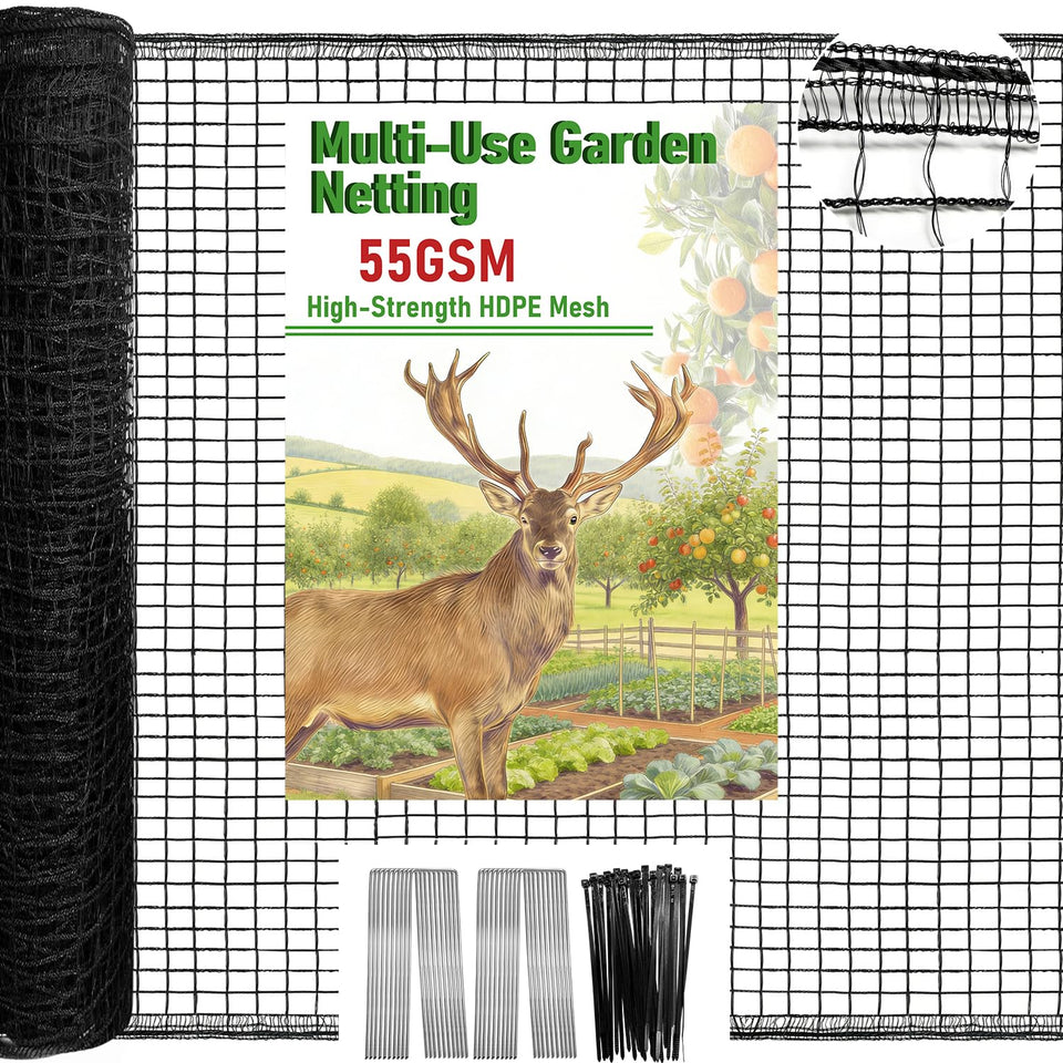 Qinheesiu Deer Netting roll 4x75ft covers crops with strong 55GSM HDPE mesh for deer deterrence.