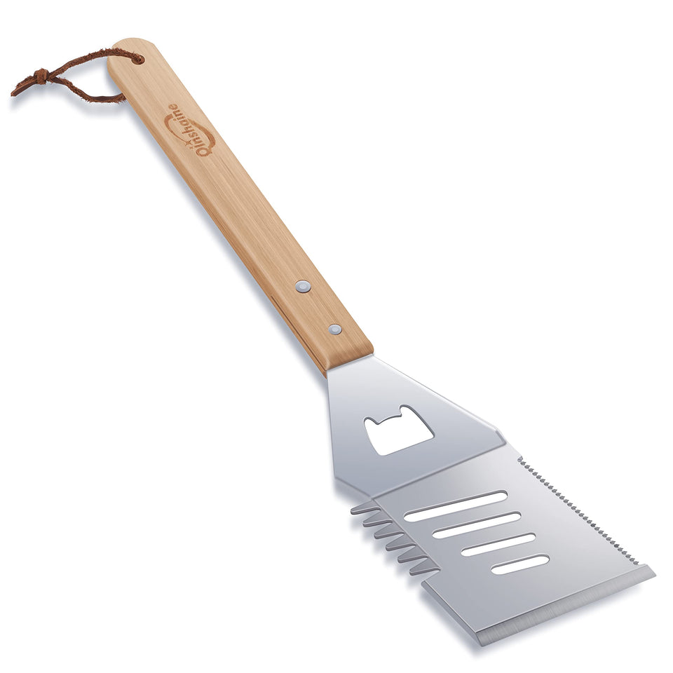 Qinshaine 4-in-1 BBQ spatula with wooden handle for versatile grilling