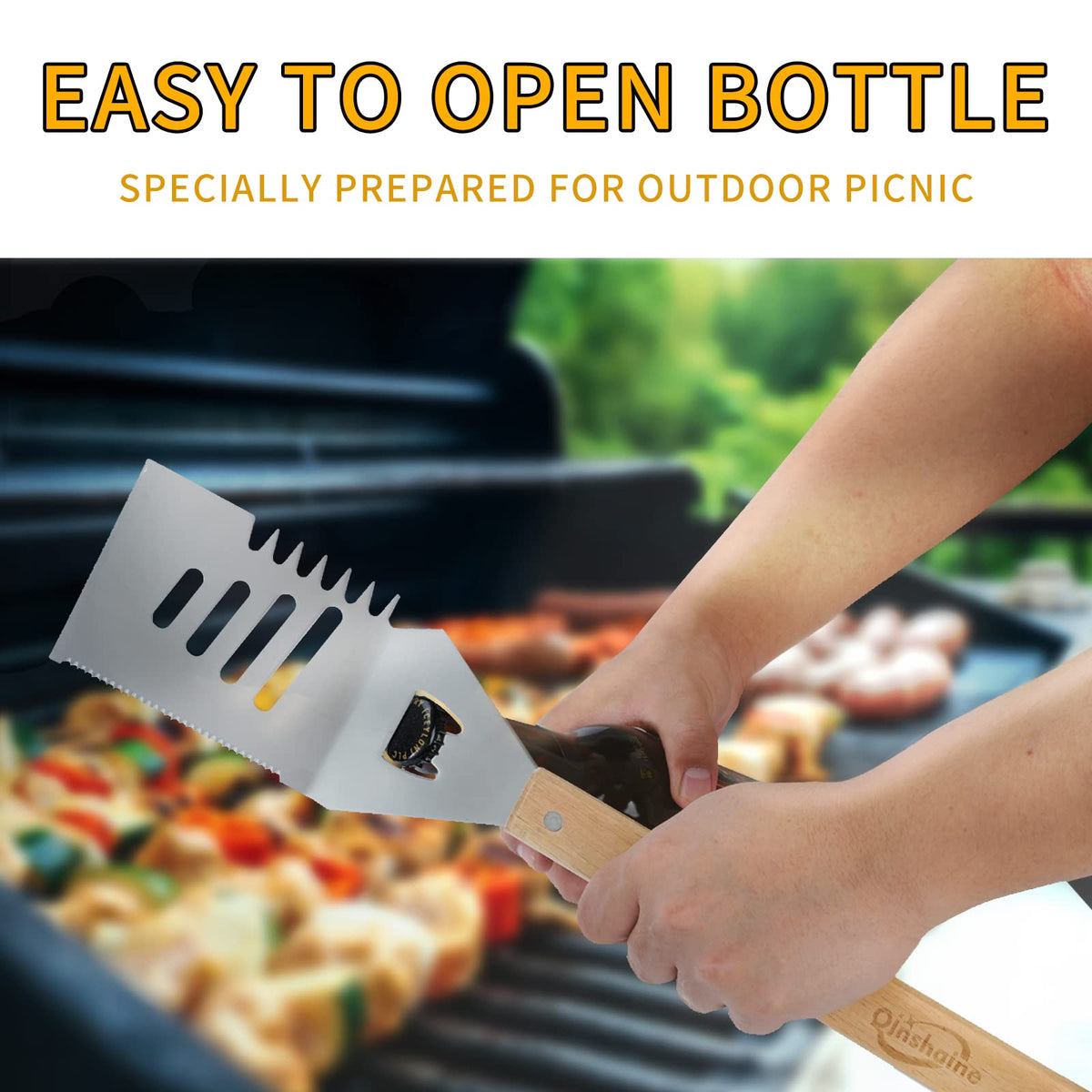Qinshaine bottle opener integrated into the spatula for convenient barbecues