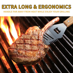 Qinshaine wooden handle keeps hands away from heat during grilling