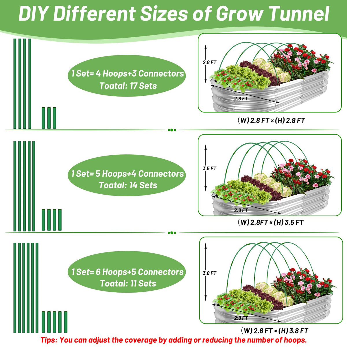 Qinzave four-hoop tunnel configuration shows scalable frames for different bed sizes.