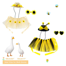 QIONG bee-themed hat and sunglasses complete the playful porch goose look.