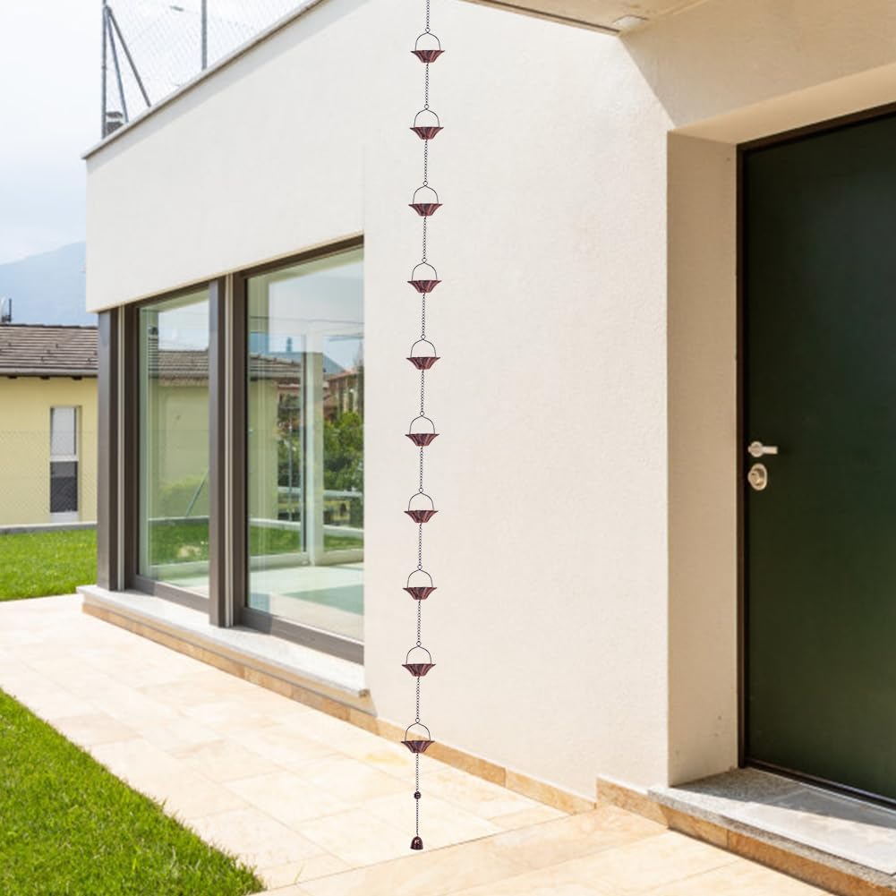 Decorative rain chain enhances porch, garden, or doorway with elegant visuals.