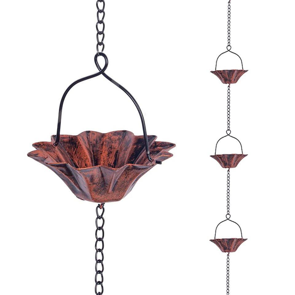 Qipade lotus rain chain with 12 cups, handcrafted copper detail channels rain gracefully.