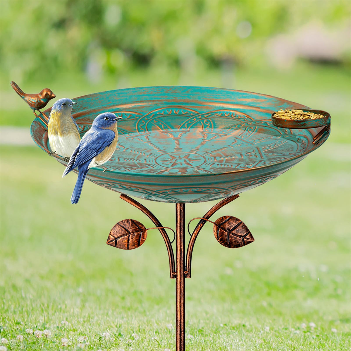 Qipade metal bird bath outdoors, 39-inch height, invites garden birds with elegant presence.