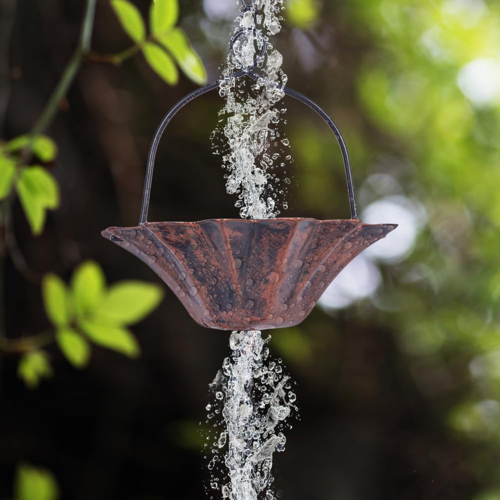 Sturdy metal rain chain with protective coating resists rust and fading.