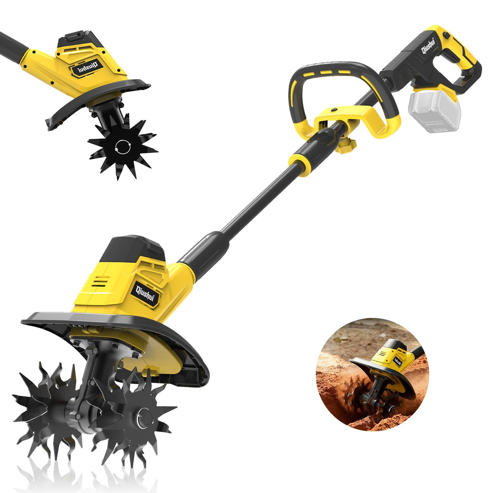 Qiushui cordless tiller showing DeWalt 20V MAX battery compatibility