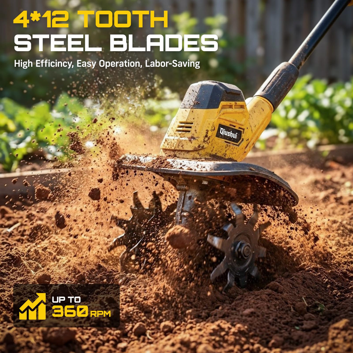 Qiushui tiller with 48 steel tines for robust soil work