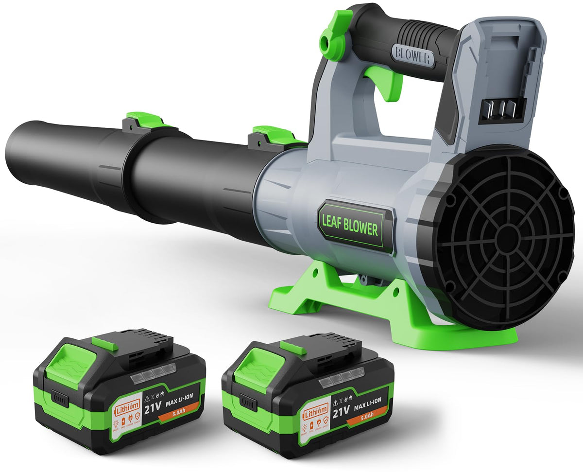 QIYORL leaf blower with dual batteries ready for extended outdoor cleaning