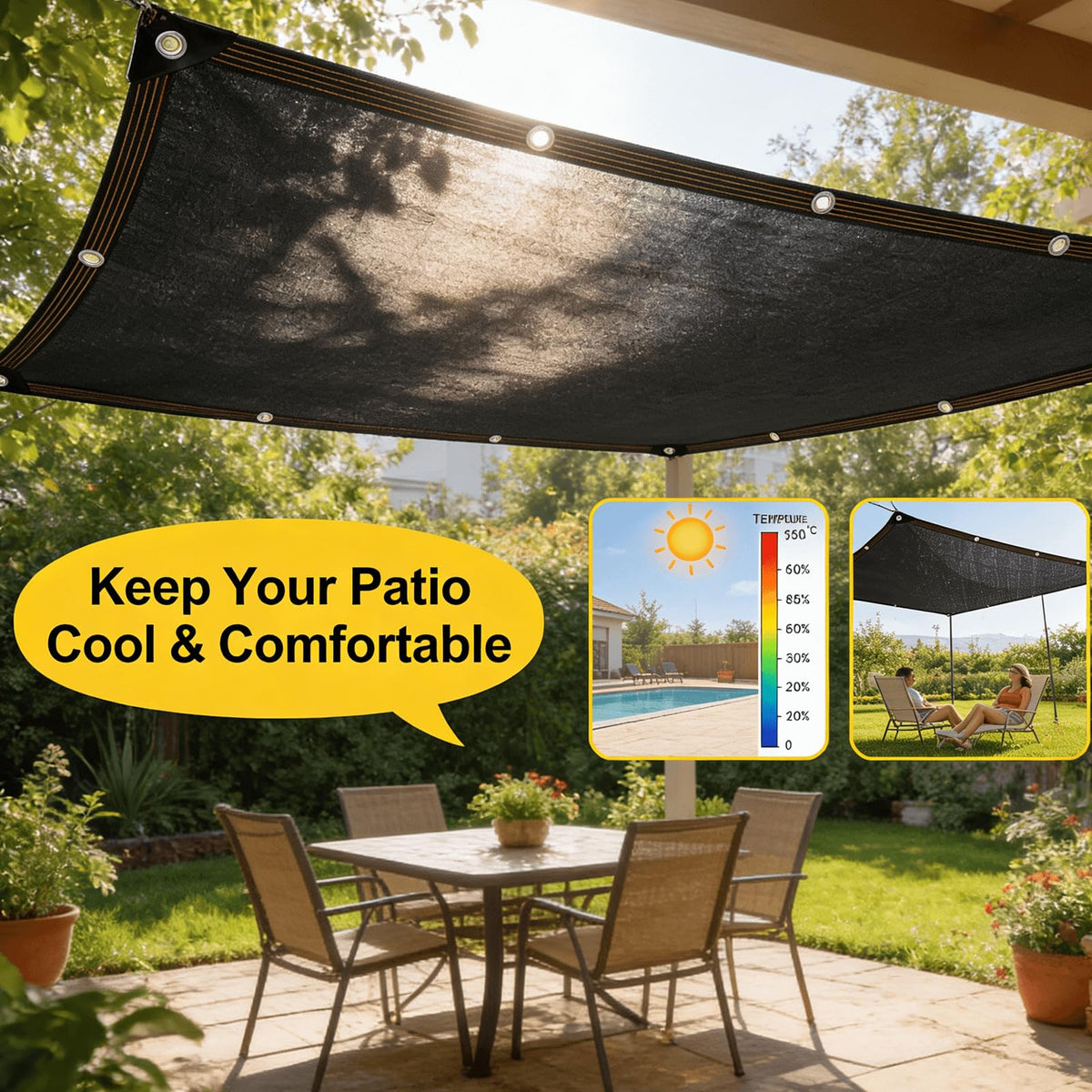 QLOFEI shade cloth on a pergola cools the outdoor dining space.