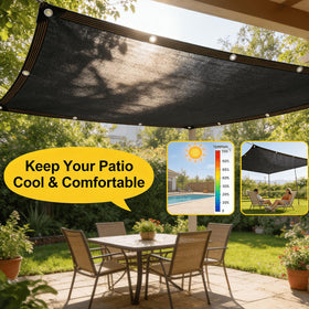 QLOFEI shade cloth on a pergola cools the outdoor dining space.