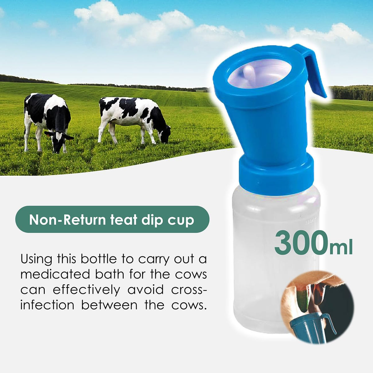 QMARK teat dip cup blue two-chamber design close-up aids controlled teat dip application.