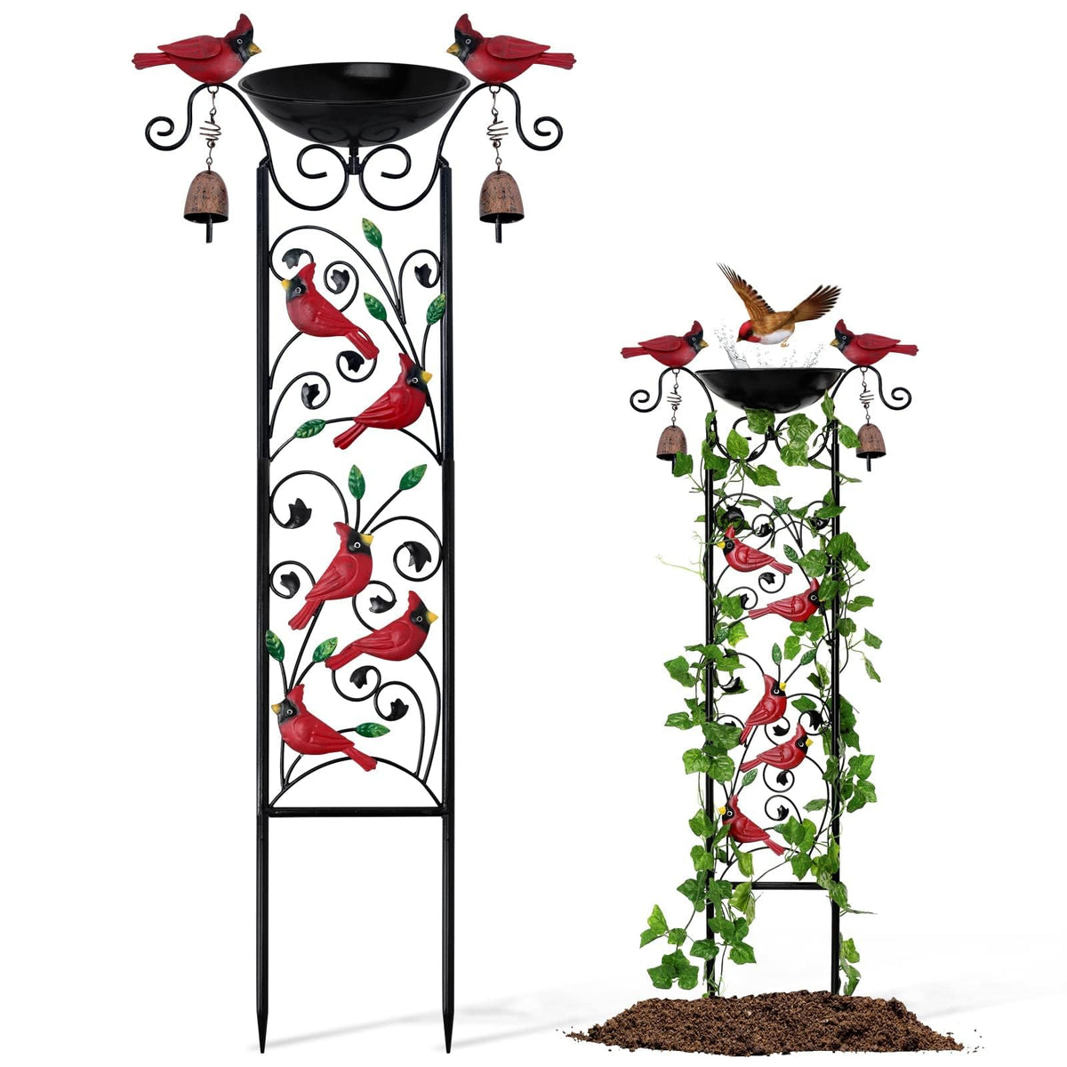 Qmetalart Cardinal Bird Bath Trellis with red cardinals attracts backyard birds.