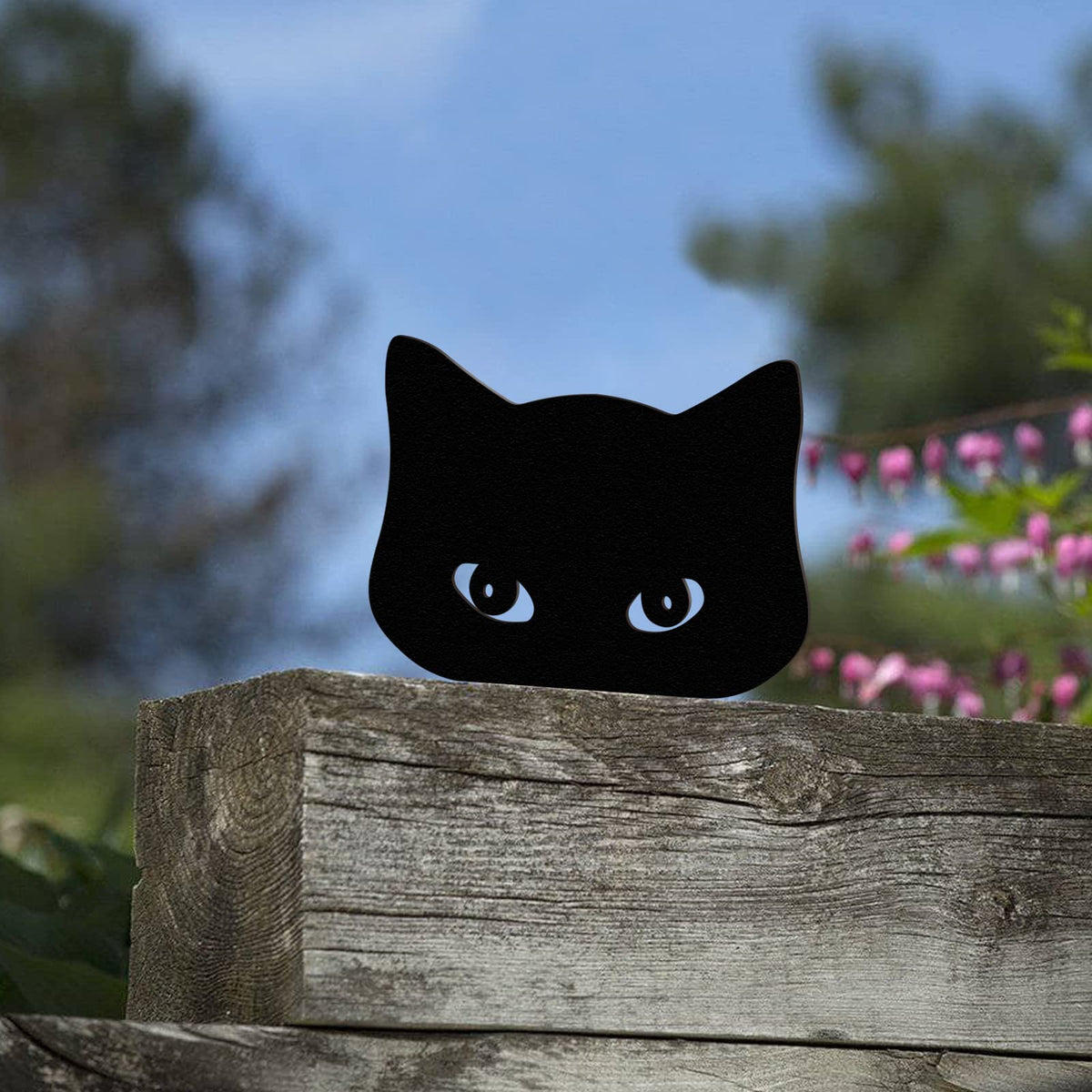 Qmetalart cat silhouette garden decoration peeking over planter for playful charm.