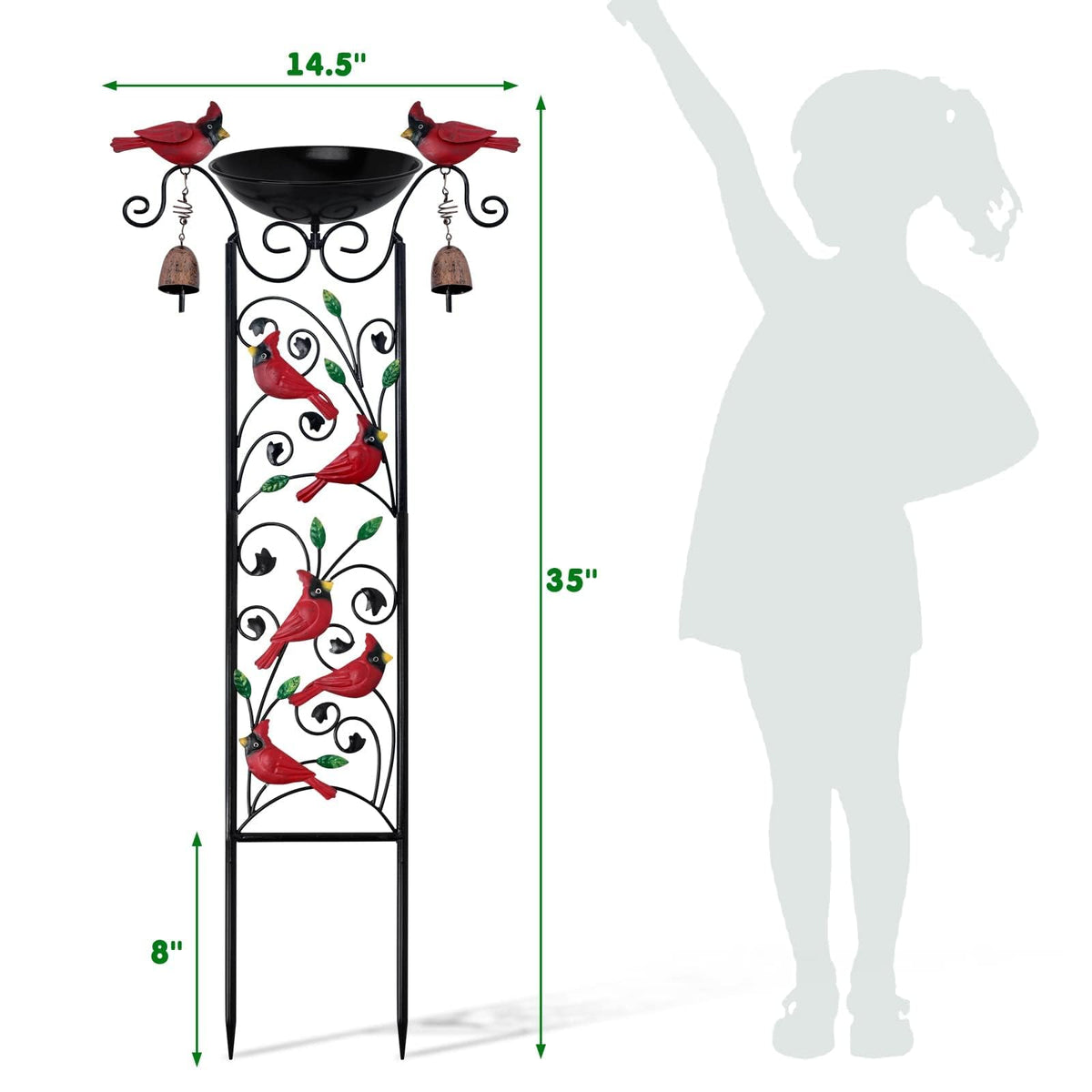 Qmetalart Wind chime bells attached to trellis for garden ambiance.