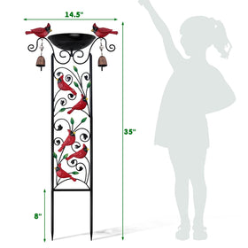 Qmetalart Wind chime bells attached to trellis for garden ambiance.