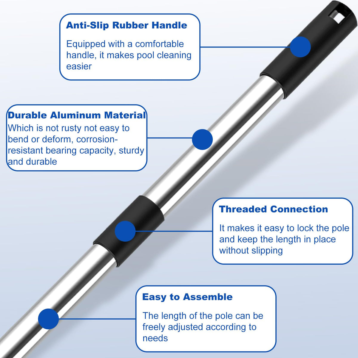 QNFANN pool pole with 1-1/4 inch threaded connection fits most accessories.