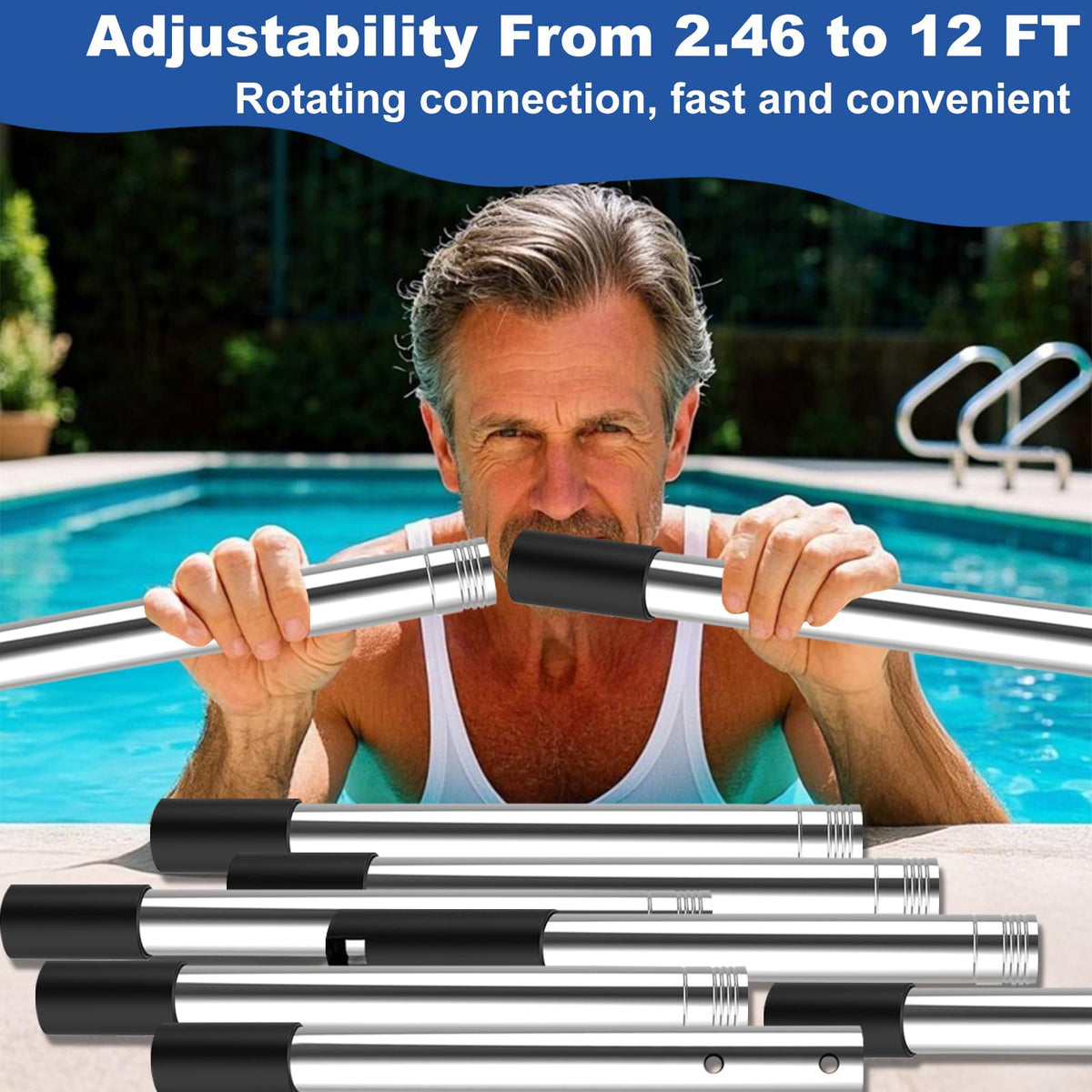 QNFANN pool pole adjustable length 2.46 to 12 ft adapts to tasks.