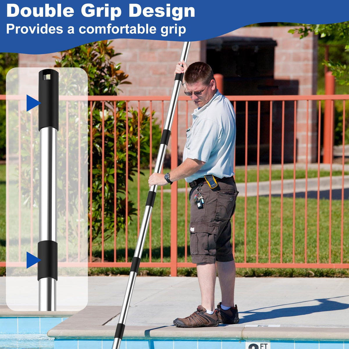 QNFANN pool pole lightweight design eases continuous cleaning tasks.