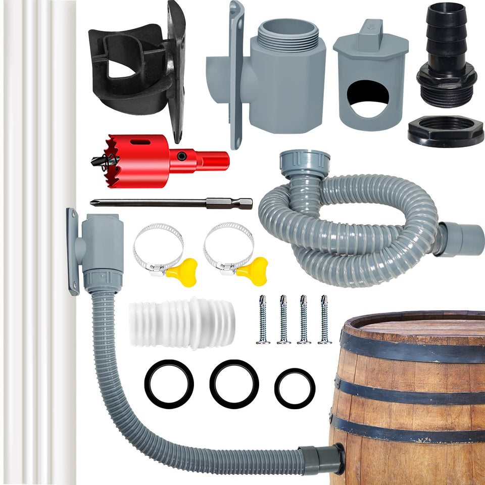 QNFANN Rain Barrel Diverter Kit installation scene for quick rainwater collection.