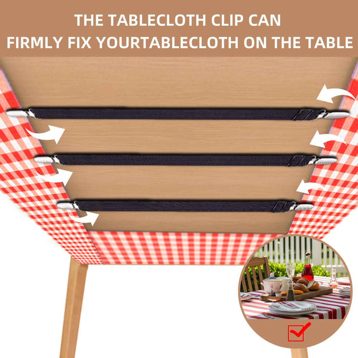 QoeCycth elastic-strap tablecloth clip adjusts to different tablecloth thicknesses