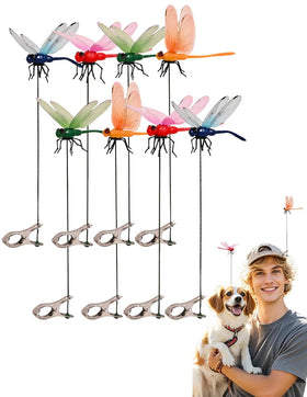 QOJH dragonfly clip in blue mounted on hat for insect deterrence