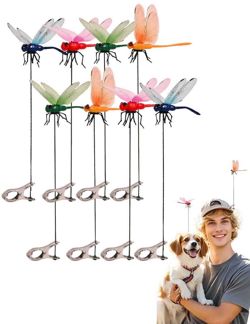 QOJH dragonfly clip in blue mounted on hat for insect deterrence
