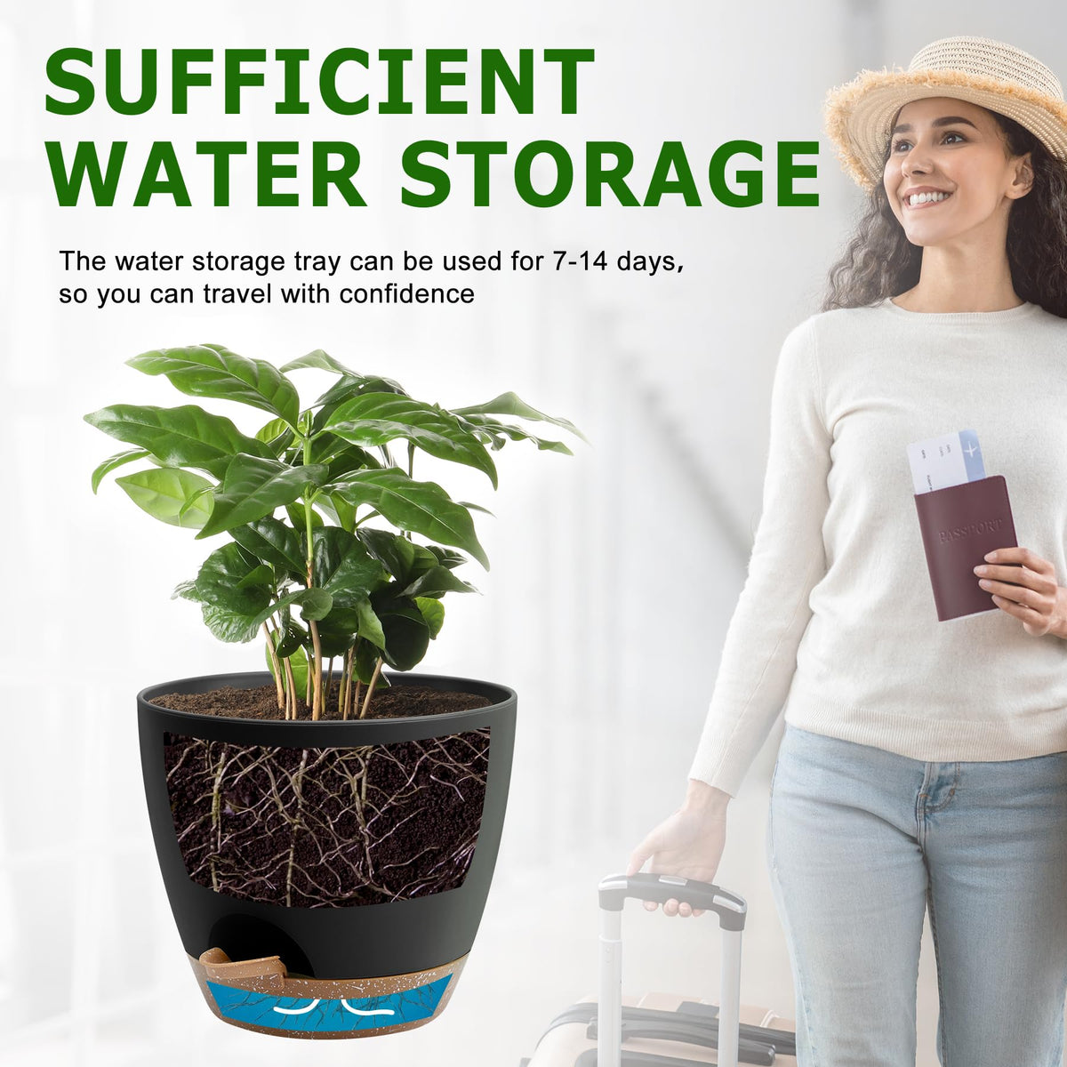 QRRICA 7-inch self-watering pot with drainage ensures steady moisture for plants.