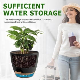 QRRICA 7-inch self-watering pot with drainage ensures steady moisture for plants.