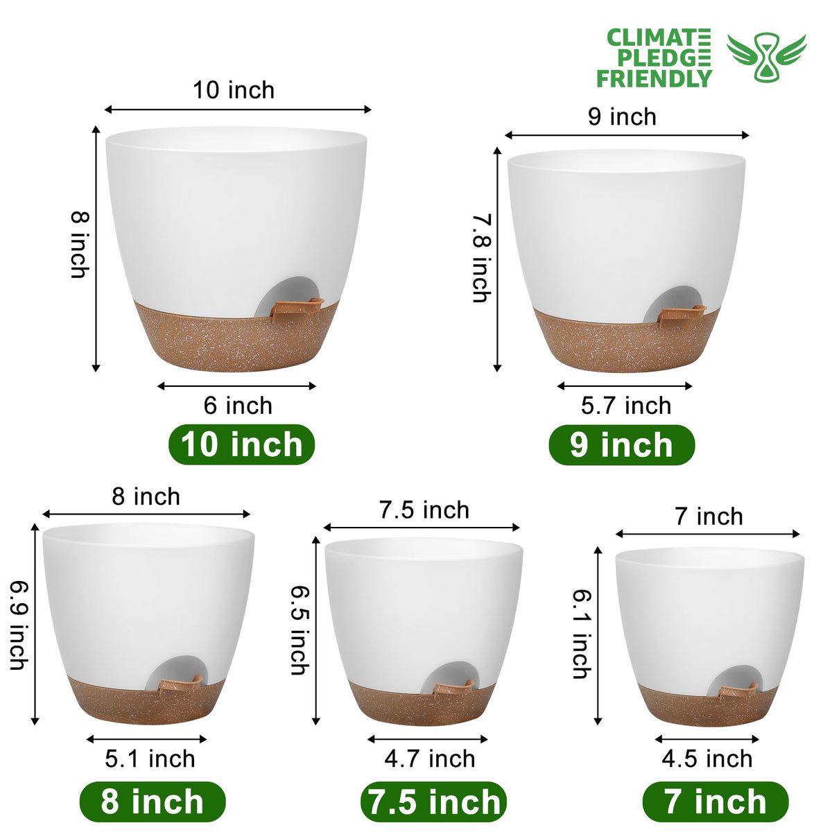 QRRICA 8-inch white self-watering pot with drainage holes.