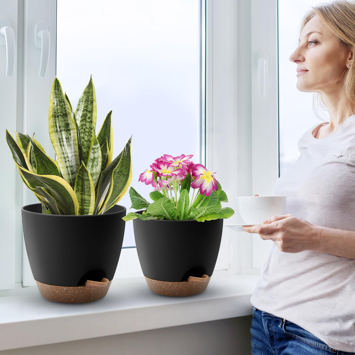 QRRICA set of five self-watering planters ready for indoor and outdoor use.