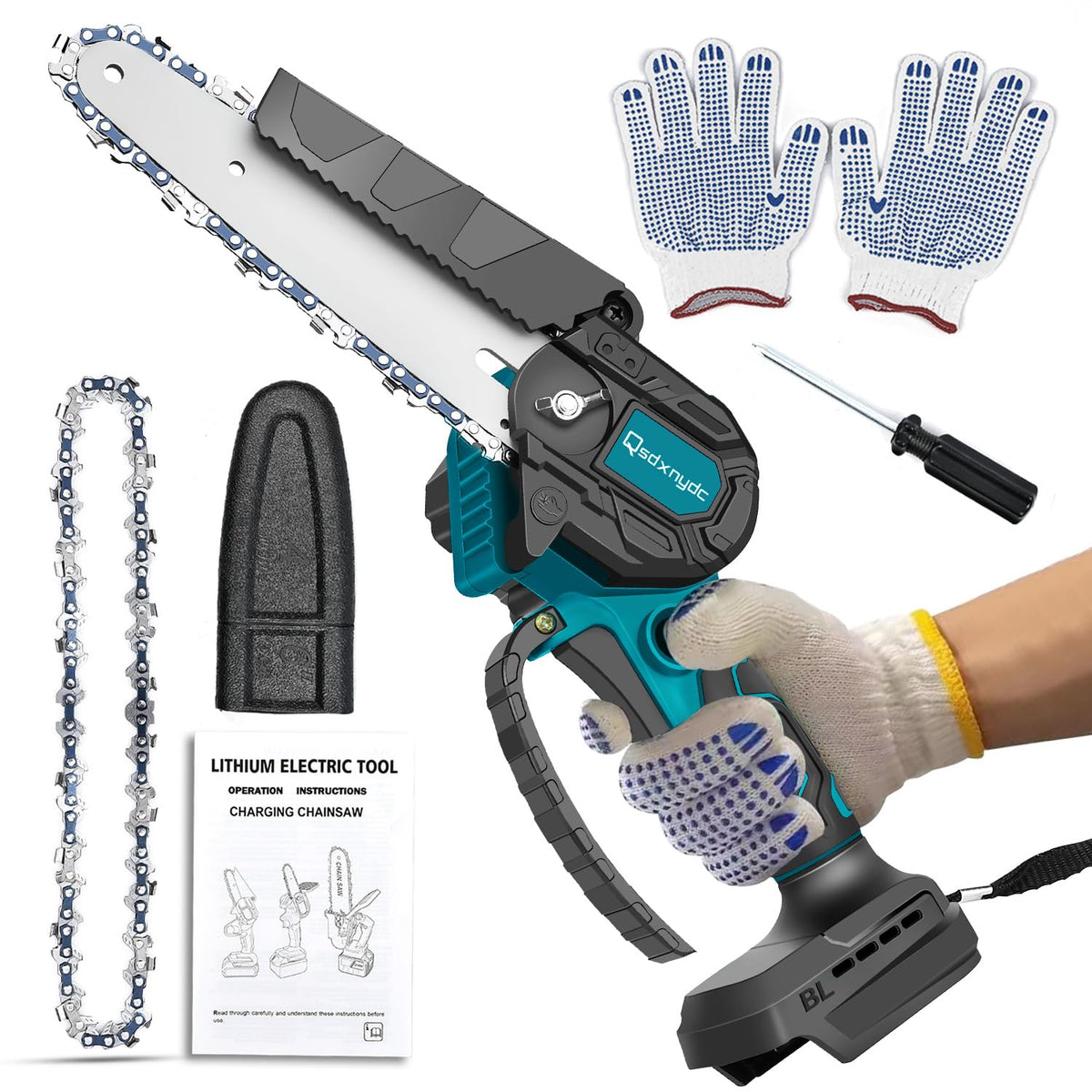 QSDXNYDC cordless mini chainsaw cutting wood for pruning and garden tasks