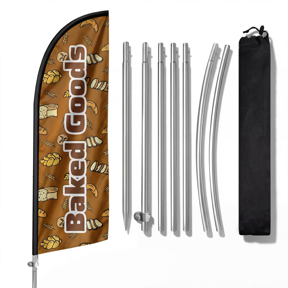 QSUM eight-foot baked goods flag on sturdy pole for high visibility.