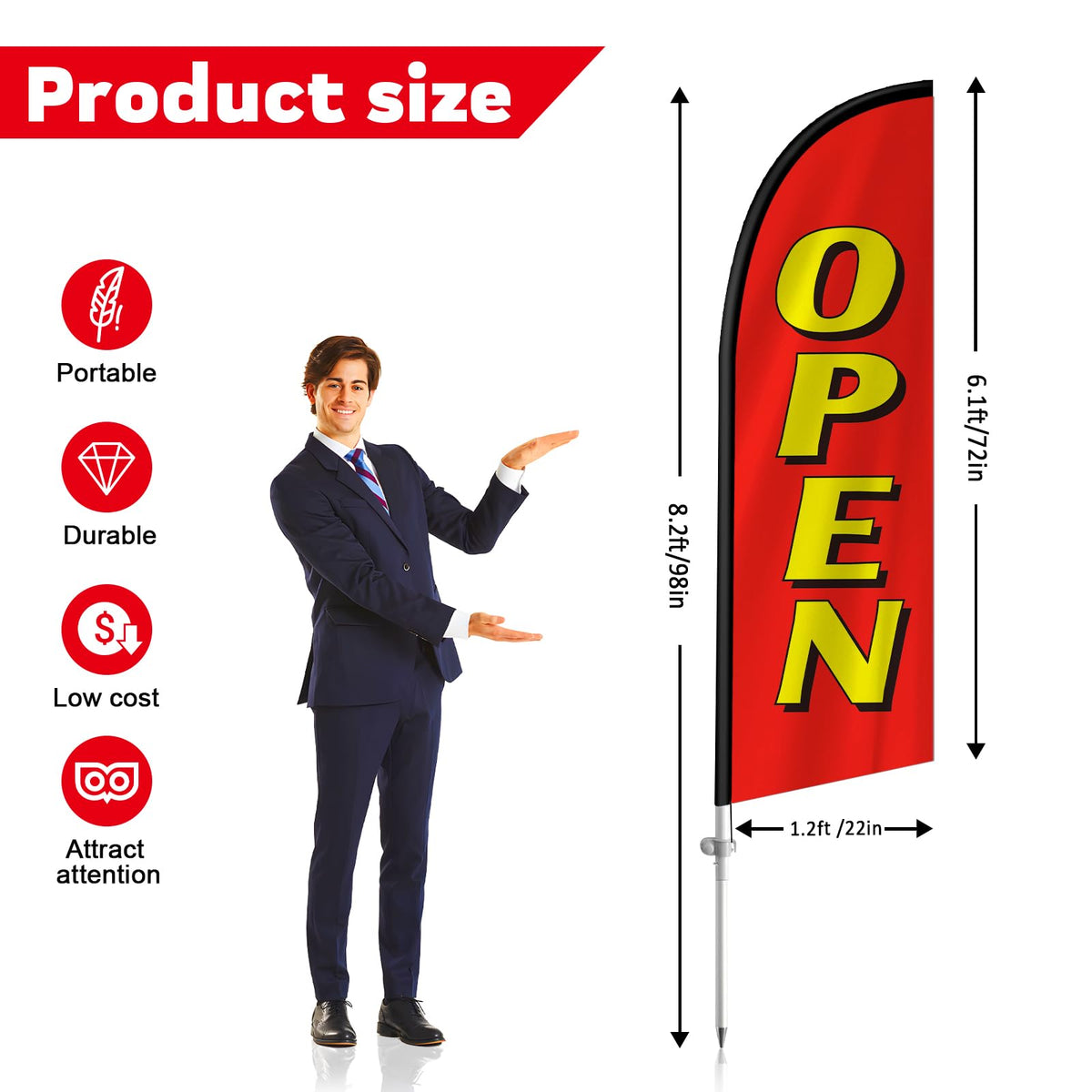 QSUM feather flag kit shows easy assembly with six poles for quick promotions.
