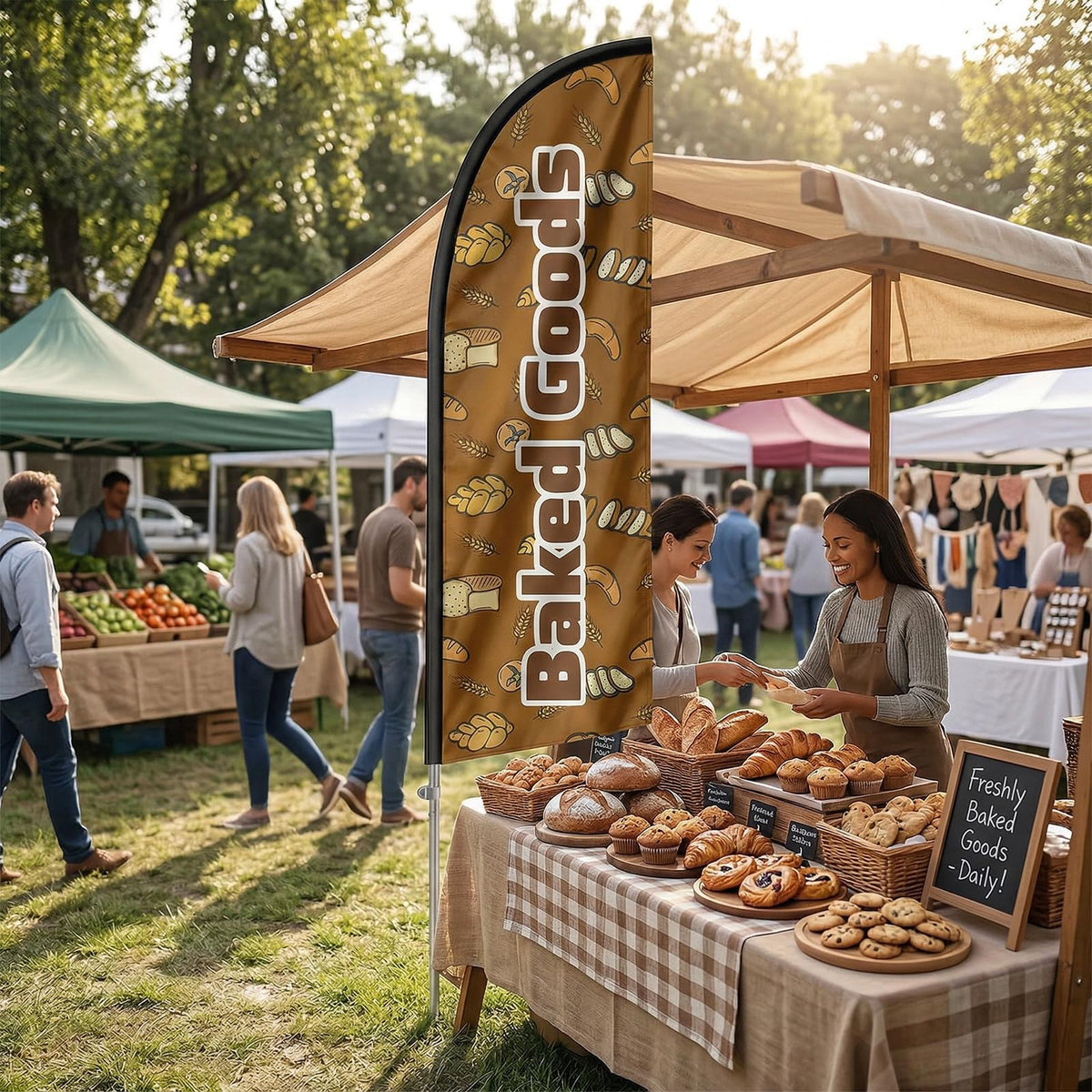 QSUM open-days bakery flag attracts attention with bright colors.