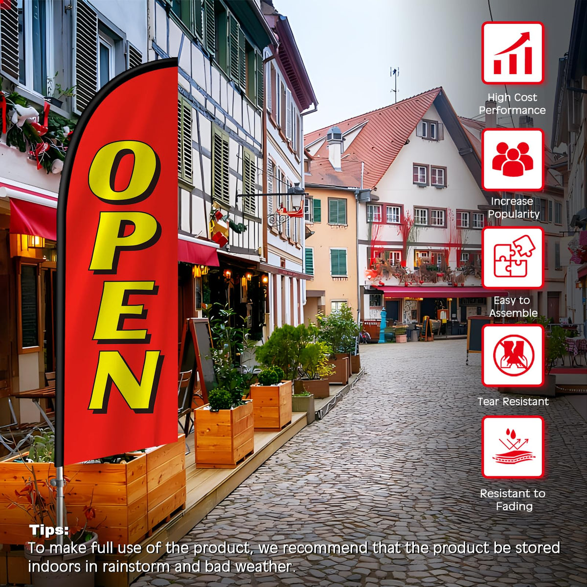 QSUM durable reusable open sign easy to store between promotions.