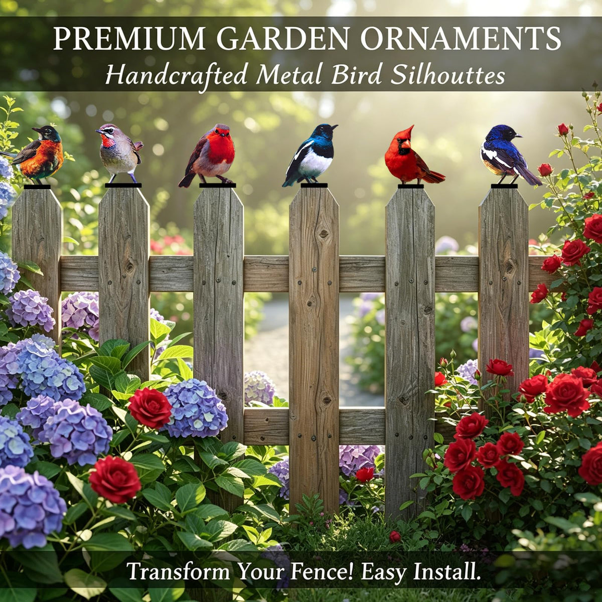Qtaikong vivid 2D garden bird decor perched on a fence adds outdoor whimsy.