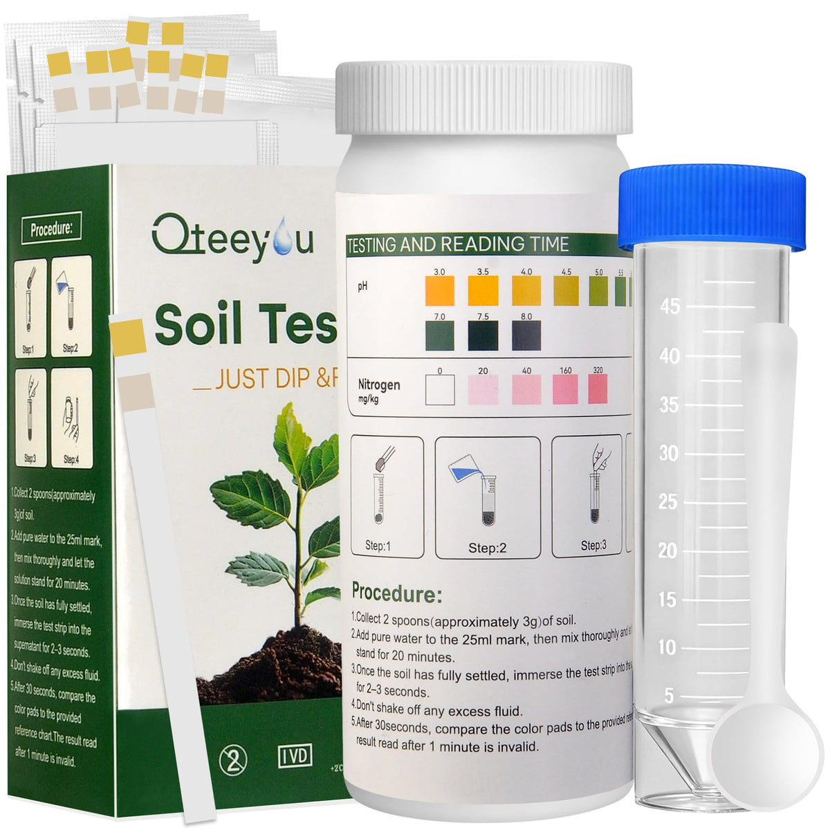 Qteeyou soil test kit front view for quick at-home pH and nitrogen checks.