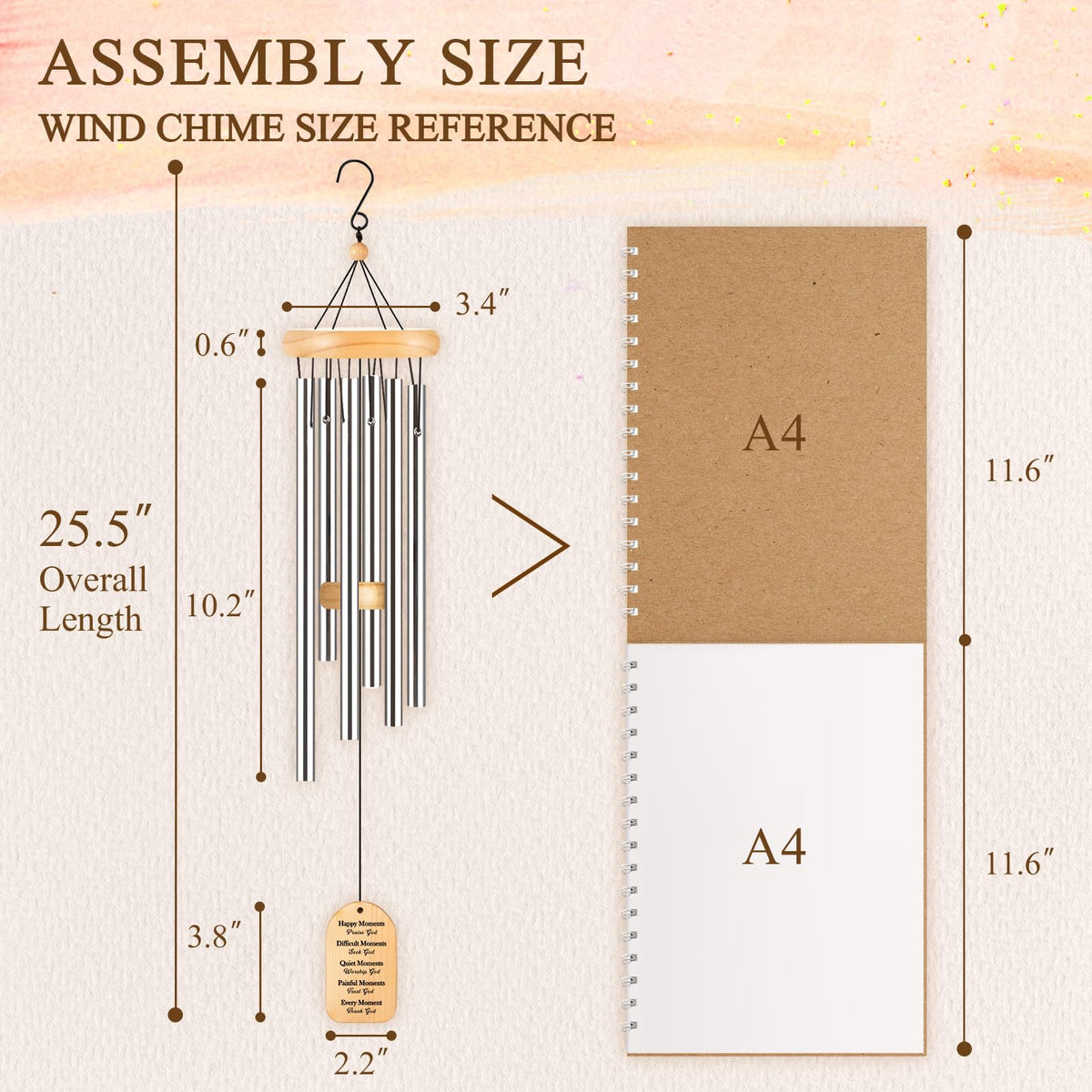 Six silver tubes on Quaintir wind chime deliver harmonious tones in breeze