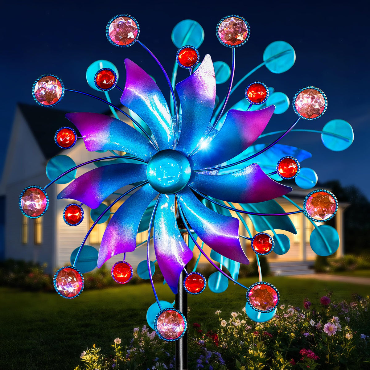 Qualdout Solar Wind Spinner with blue-purple gradient blades for vibrant outdoor decor.