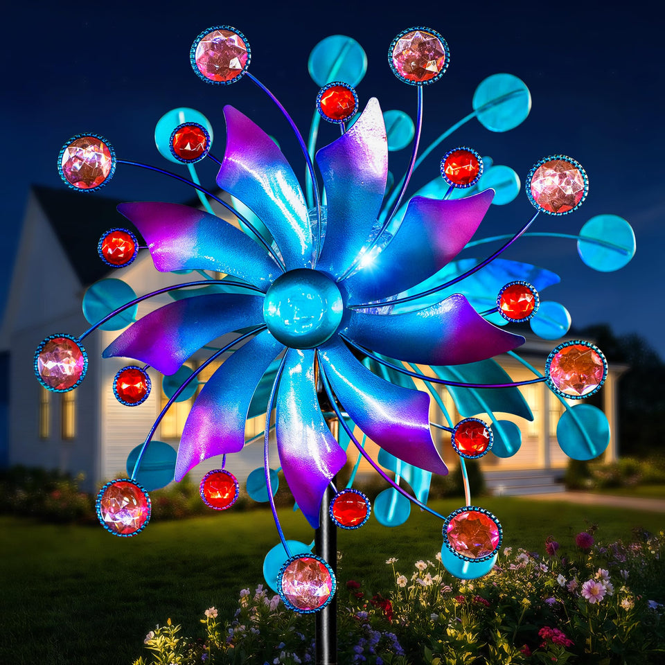 Qualdout Solar Wind Spinner with blue-purple gradient blades for vibrant outdoor decor.