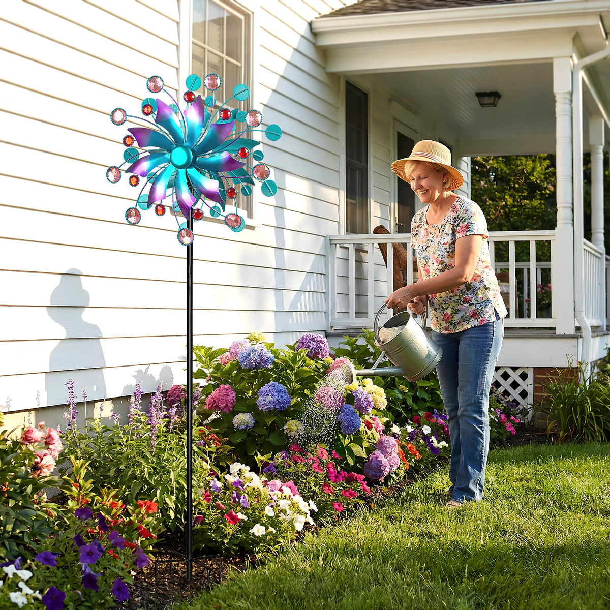 Qualdout Solar Wind Spinner jeweled accents sparkle in sunlight for whimsical garden paths.